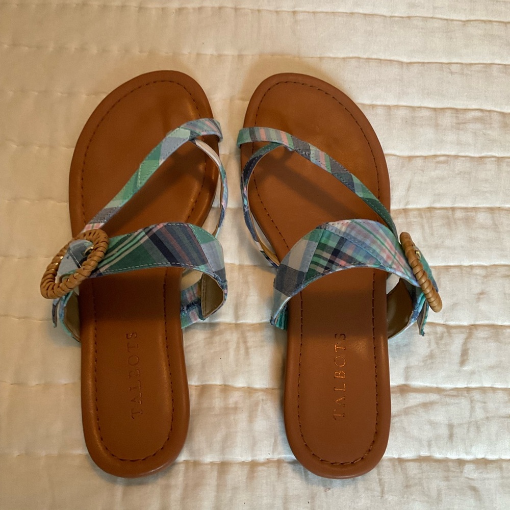 Womens sandals in blue/green madras pattern.